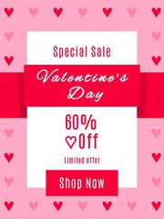 Fototapeta na wymiar Special sale valentine's day 60% off limited offer, shop now. Sixty percent off, Valentine's day discount banner.