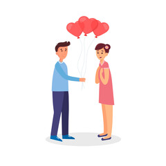 Give and share love. Man giving balloons to a woman. Cartoon flat vector illustration. Valentine's day