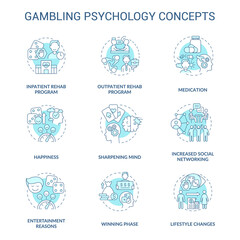 Gambling psychology turquoise concept icons set. Mental issues. Treatment and overcoming idea thin line color illustrations. Isolated outline drawings. Roboto-Medium, Myriad Pro-Bold fonts used