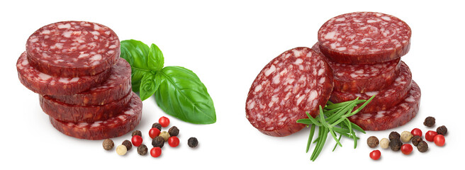 Smoked sausage salami slices isolated on white background with full depth of field