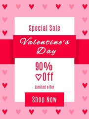 Fototapeta na wymiar Special sale valentine's day 90% off limited offer, shop now. Ninety percent off, valentines day discount banner.