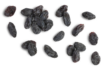 Black raisin isolated on white background with clipping path. Top view. Flat lay