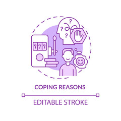 Coping reasons purple concept icon. Run away from problems. Gambling addiction abstract idea thin line illustration. Isolated outline drawing. Editable stroke. Arial, Myriad Pro-Bold fonts used