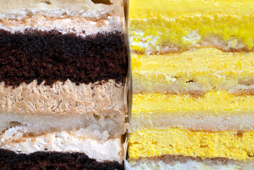 Selection of layered cream and sponge cakes of different colors