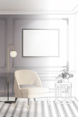 A sketch becomes a real modern-classic room with a blank illuminated horizontal poster on a classic gray wall, a vase of flowers on a metal table, a floor lamp near a beige armchair. 3d render