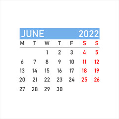 June 2022 calendar. Vector illustration of a calendar for June 2022. Wall table calendar vector template. June 2022 wall calendar template.