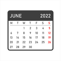 June 2022 calendar. Vector illustration of a calendar for June 2022. Wall table calendar vector template. June 2022 wall calendar template.