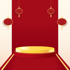 Podium round stage Chinese style, for Chinese new year and festivals. Happy Chinese new year 2022. Chinese new year banner with circle for show product. Greeting card. China frame with lantern on red.