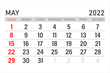 may 2022 Calendar. may 2022 Calendar vector illustration. Wall Desk Calendar Vector Template, Simple Minimal Design. Wall Calendar Template For may 2022.