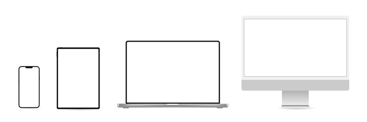 Device blank screen mockup. Set of computer, laptop, tablet, mobile cellphone mock up. Vector isolated blank screen.