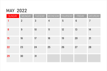 may 2022 Calendar. may 2022 Calendar vector illustration. Wall Desk Calendar Vector Template, Simple Minimal Design. Wall Calendar Template For may 2022.