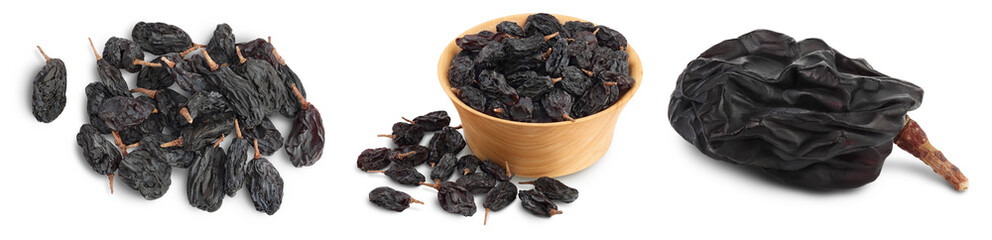 Black raisin isolated on white background with clipping path. Top view. Flat lay. Set or collection