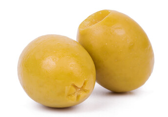 pickled olives isolated on white background close up