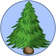 Vector, cartoon green Christmas tree, on a round blue background, design element, icon, emblem