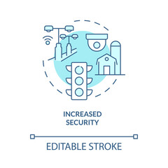 Increased security turquoise concept icon. Benefits of energy services and RE abstract idea thin line illustration. Isolated outline drawing. Editable stroke. Roboto-Medium, Myriad Pro-Bold fonts used