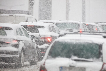 Driving in heavy winter conditions in urban environment.