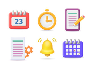 Project management and time administration, planning business documents 3d icons. Organization, working. Clock, calendar, document, bell, gear - 482442080