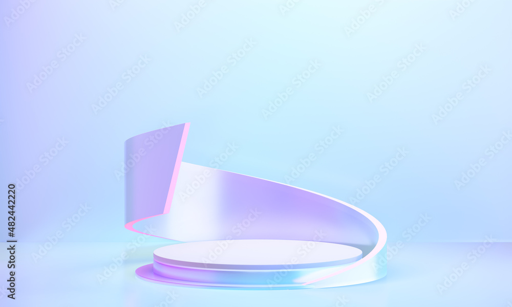 Poster hologram color podium circle display background pink blue light with curve in purple theme. 3d illus