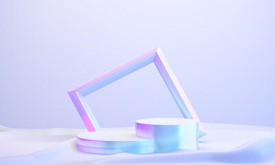 Two hologram color podium circle display background pink blue light with frame. 3D illustration rendering.