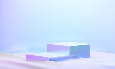 Modern hologram color podium box display background purple blue light. 3D illustration rendering.
