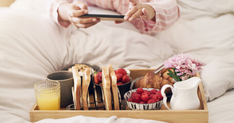 For all the food lovers. Cropped shot of a woman taking a picture of her breakfast in bed at home.