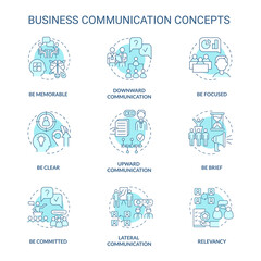 Business communication turquoise concept icons set. Workplace etiquette idea thin line color illustrations. Isolated outline drawings. Editable stroke. Roboto-Medium, Myriad Pro-Bold fonts used