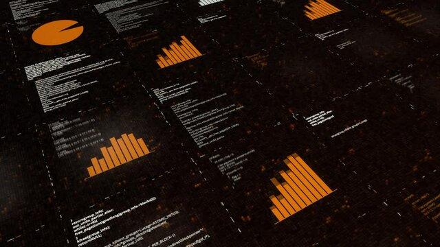 Digital data and computer graphs background with changing data, seamless loop. Animation. Digital information with lines of code.