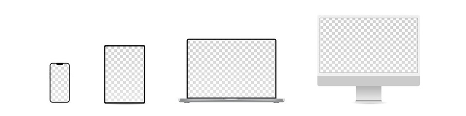 Device blank screen mockup. Realistic pc computer, laptop, tablet, mobile phone mock up. Vector isolated
