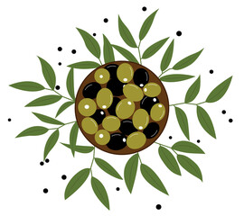 Vector illustration of olives. Plate with green and black olives