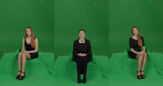 GREEN SCREEN CHROMA KEY Front view of female woman spectators wearing formal attire watching performance on stage. Crowd replication for theater, opera, ballet. Unkeyed chairs to keep shadows