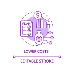 Lower costs purple concept icon. Strategy to decrease price for technology. Web 3 0 abstract idea thin line illustration. Isolated outline drawing. Editable stroke. Arial, Myriad Pro-Bold fonts used