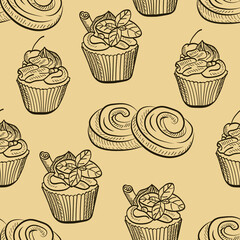 Cupcakes, bakery, sweets vector seamless pattern isolated on bright background. Concept for menu, cards, print