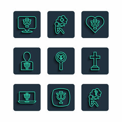 Set line Psychologist online, Psychology, Psi, Head with question mark, Broken heart or divorce, and Graves funeral sorrow icon. Vector