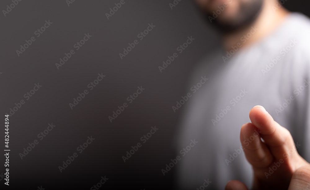 Poster businessman pointing or touching finger in screen..
