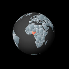 Low poly globe centered to Nigeria. Red polygonal country on the globe. Satellite view of Nigeria. Astonishing vector illustration.