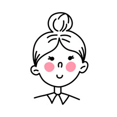 hand drawn line cartoon female portrait. the face of a sweet smiling girl with pink cheeks. vector print for clothes, posters, postcards, stickers.