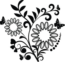 Retro lace vector single pattern, black ornamental design with flowers and swirls, detailed lace motif on white background.