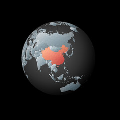 Low poly globe centered to China. Red polygonal country on the globe. Satellite view of China. Captivating vector illustration.