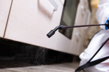 Spray gun with pesticides close-up. An exterminator in work clothes sprays pesticides from a spray bottle. Fight against insects in apartments and houses. Disinsection of premises
