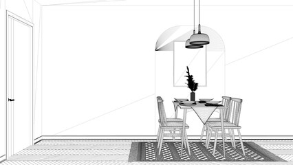 Blueprint project draft, modern dining room with table set and vintage scandinavian chair, empty space with carpet, door, mirror and pendant lamps. Copy space, interior design idea