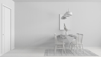 Total white project draft, modern dining room with table set and vintage scandinavian chair, empty space with carpet, door, mirror and pendant lamps. Copy space, interior design idea
