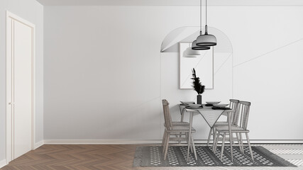 Architect interior designer concept: hand-drawn draft unfinished project that becomes real, modern dining room with table set and scandinavian chair. Copy space, interior design idea