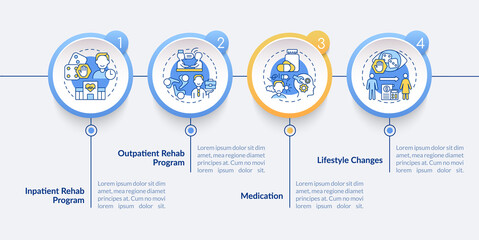 Gambling addiction treatment circle infographic template. Patient rehab. Data visualization with 4 steps. Process timeline info chart. Workflow layout with line icons. Lato-Bold, Regular fonts used