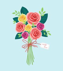 With love, Vector bouquet roses, of red, orange, yellow, blue and purple flowers isolated on blue background. March 8 Valentine's Day