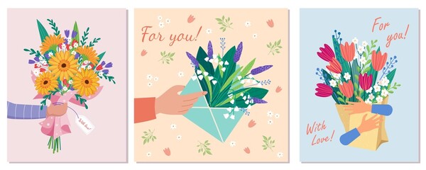 Set of Vector bouquet hand holding gerbera, lilies of the valley, tulips of red, orange, yellow, blue and purple flowers isolated on a pink background. March 8 Valentine's Day