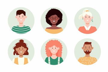 Set of circle face avatar. Collection of multiracial male and female portraits for profile icons.