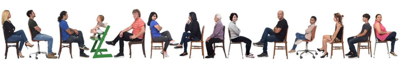 side view of a group of people sitting on white background