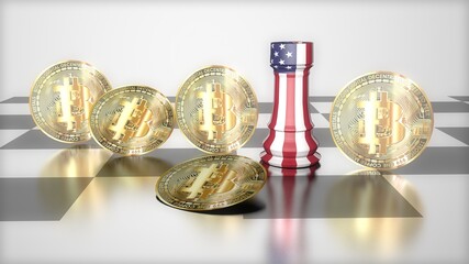 3D crypto money bitcoin  and America castle in chess © meteorart