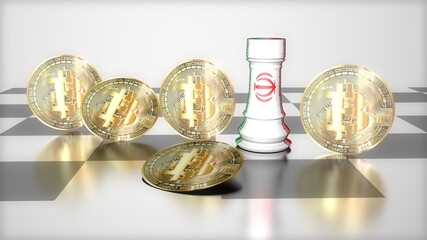 3D crypto money bitcoin  and Iran castle in chess