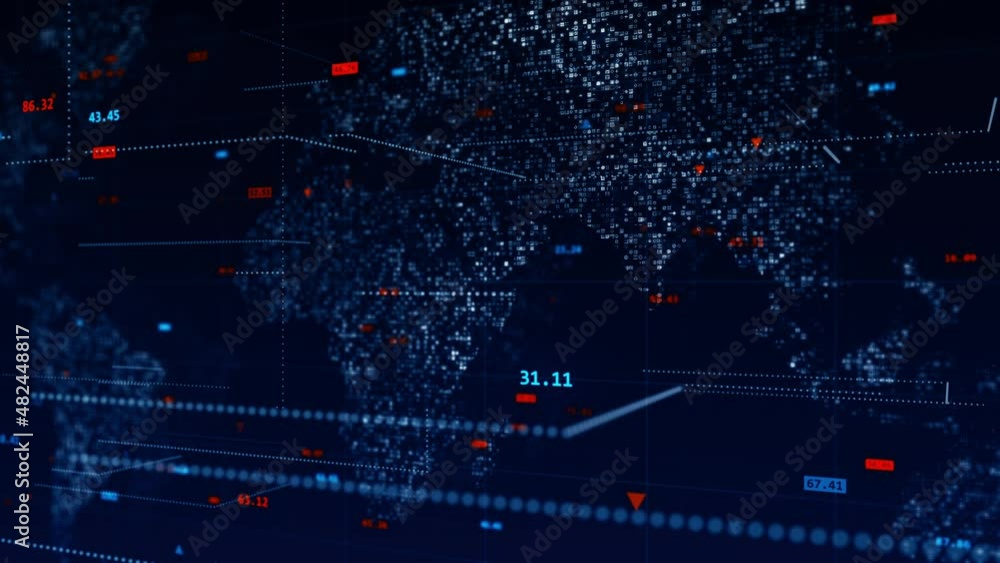 Poster motion graphic of digital number and dot levitation on futuristic map technology abstract background
